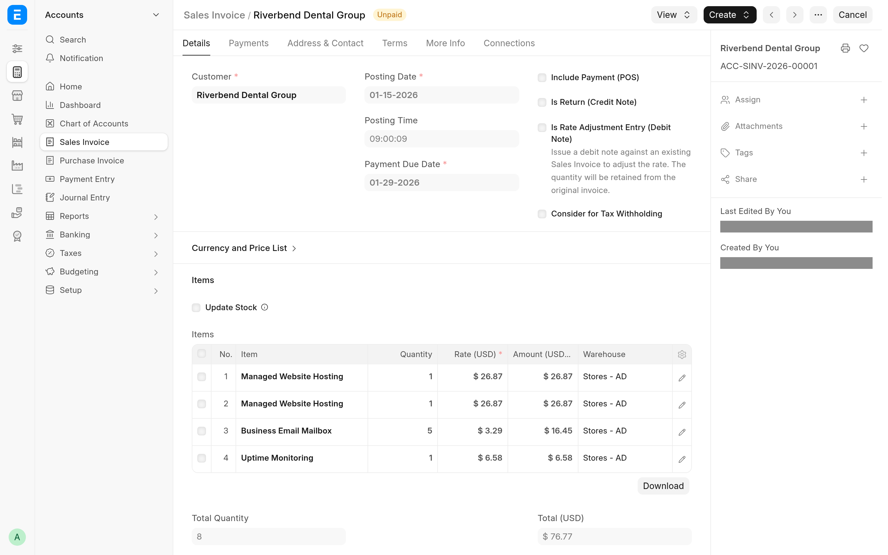 One Sales Invoice billing four subscriptions of Riverbend Dental Group, each prorated for January 15 to 31
