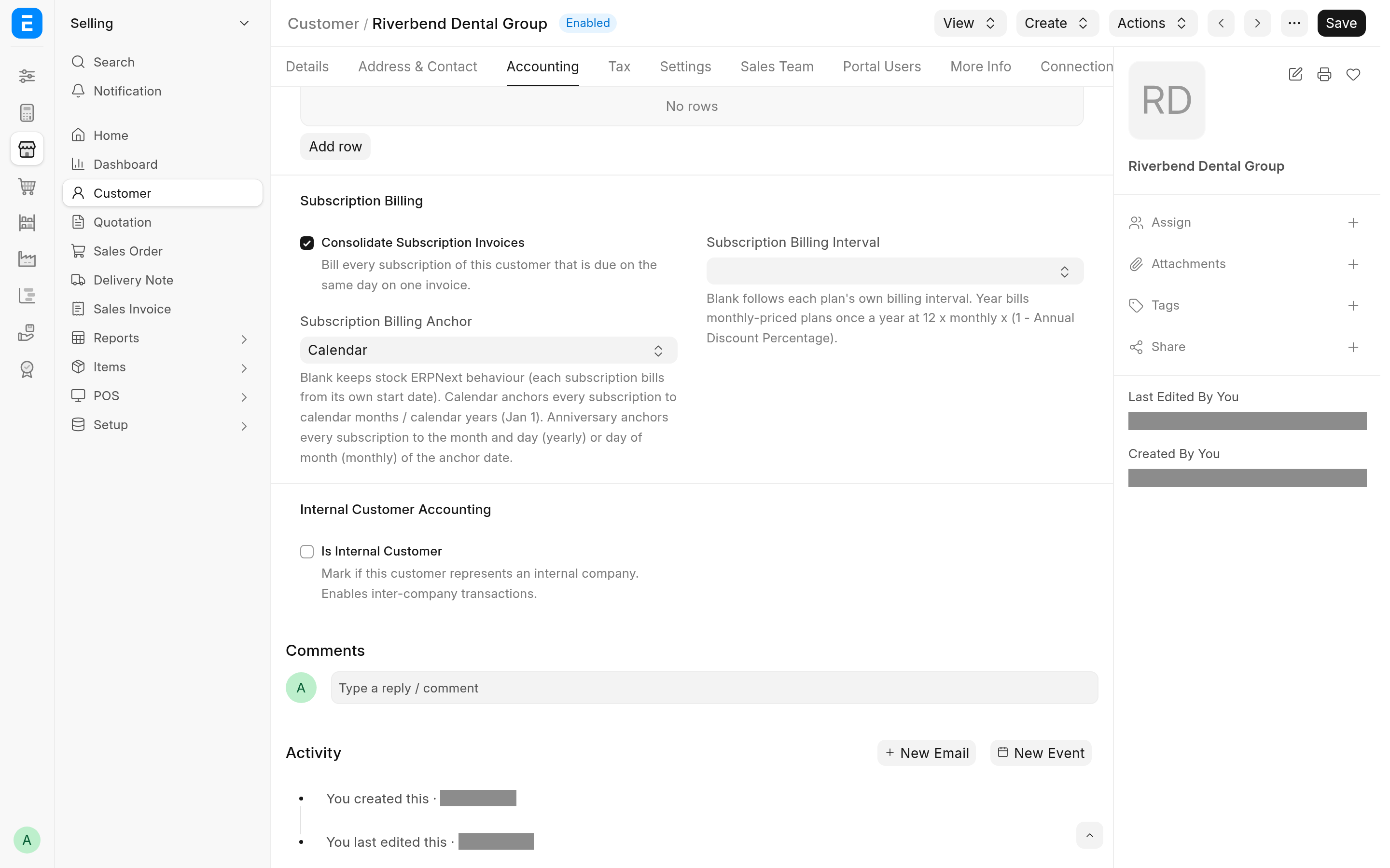 The Subscription Billing section of a Customer: consolidated invoices on, billing anchored to the calendar