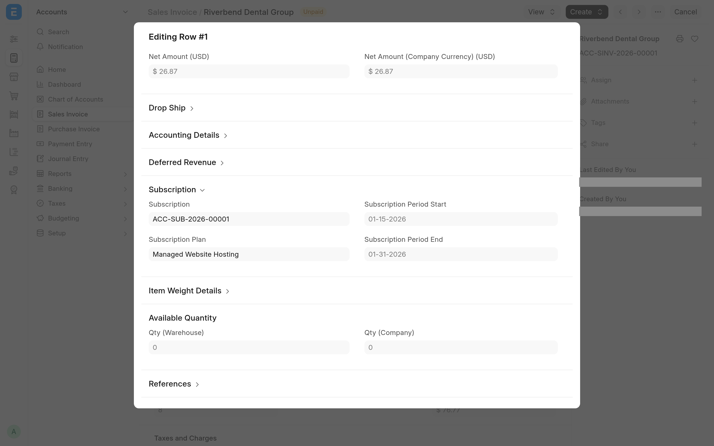 An invoice line opened: the subscription, the plan and the exact period the line bills