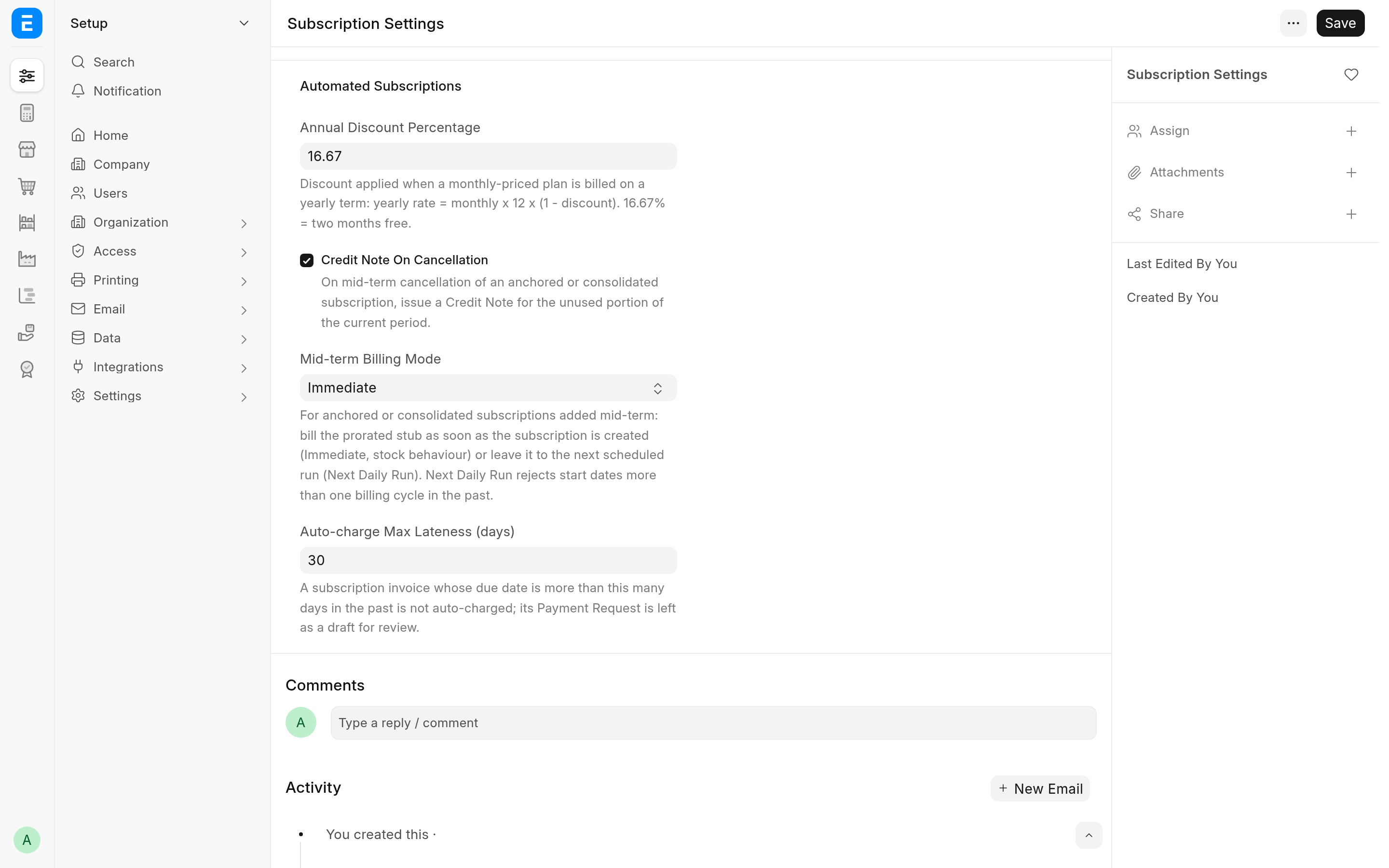 The Automated Subscriptions section of Subscription Settings with its defaults