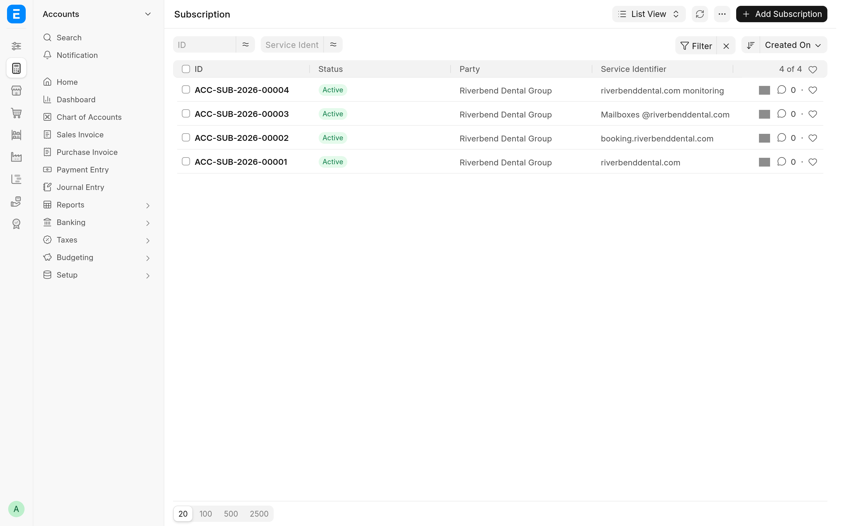The Subscription list with the Service Identifier column