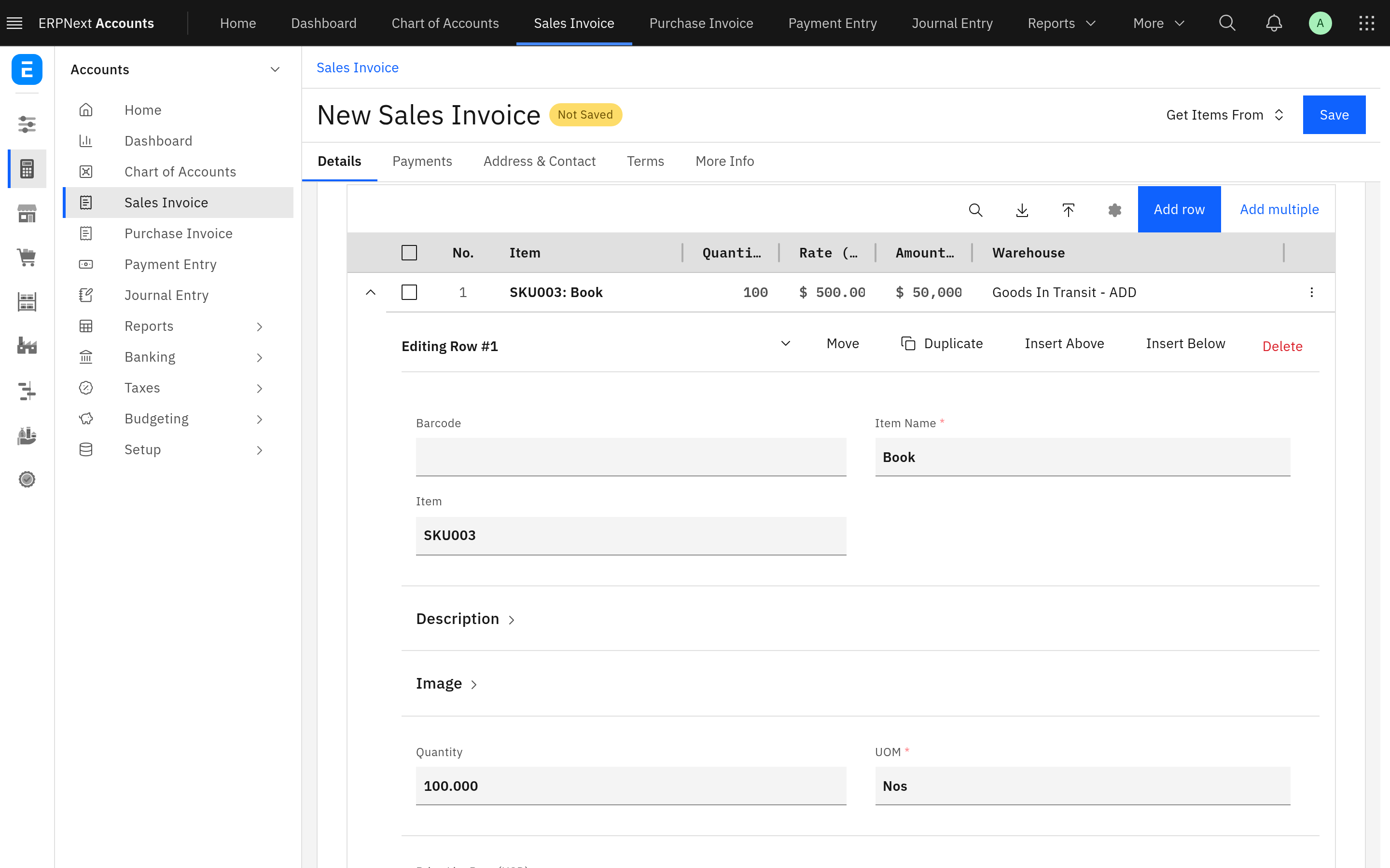 An editable Sales Invoice's Items child table drawn by the theme's table engine, with the Carbon table toolbar and Add row, and the first row expanded into its form in place