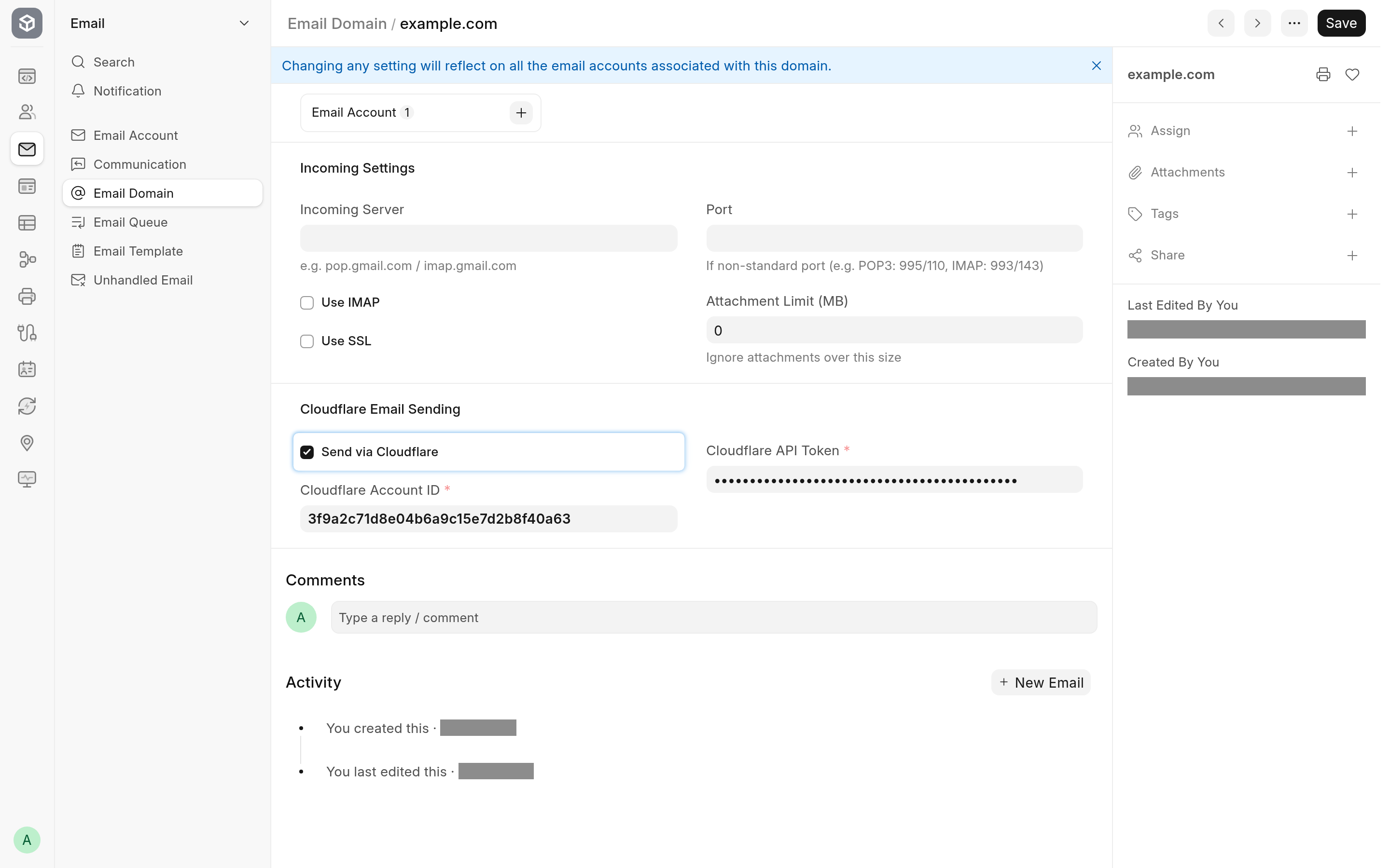 An Email Domain set to Send via Cloudflare, with the Cloudflare account ID and API token in place of SMTP settings