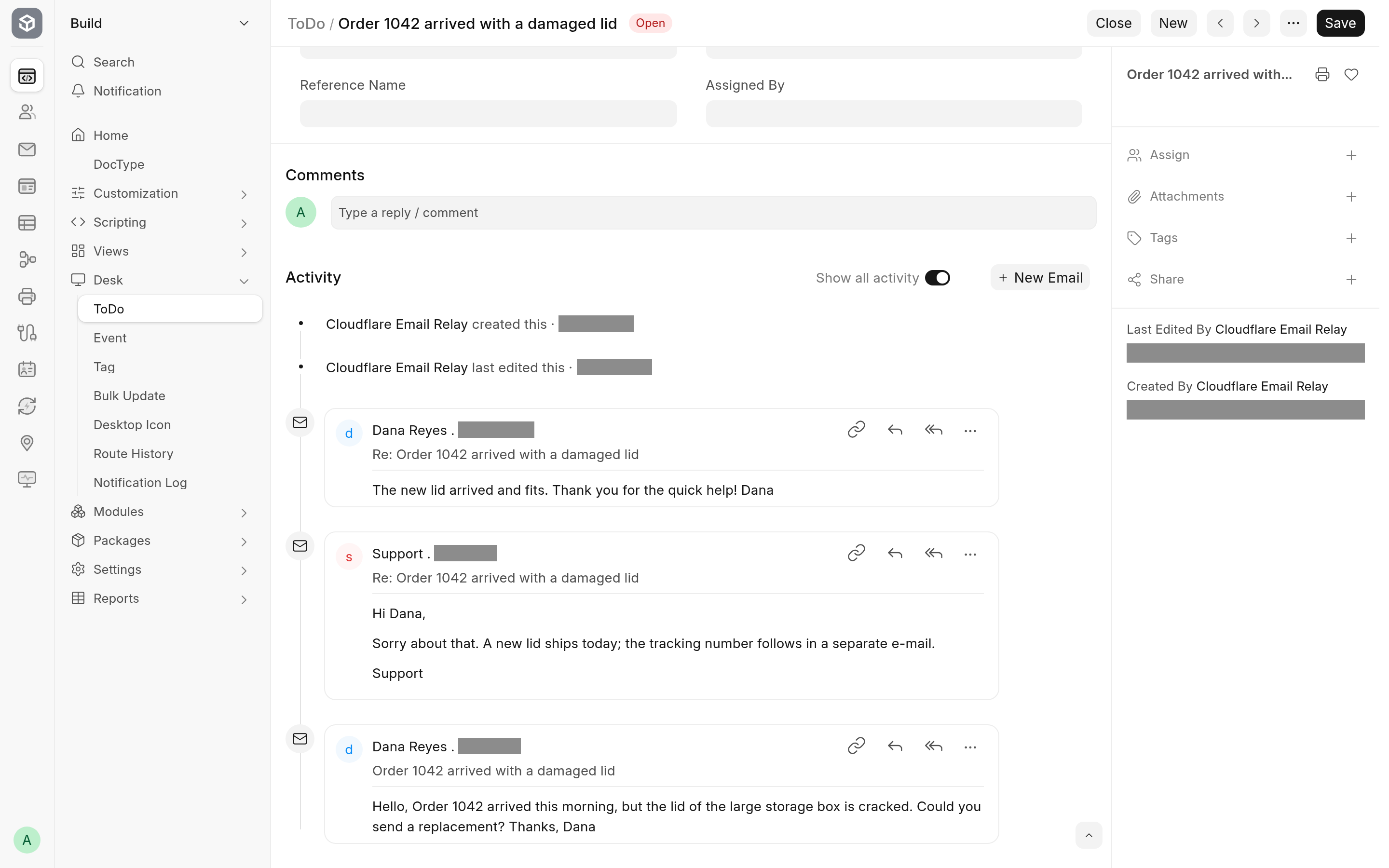 A ToDo created from a customer's e-mail, with the reply sent from the desk and the customer's answer threaded in its timeline