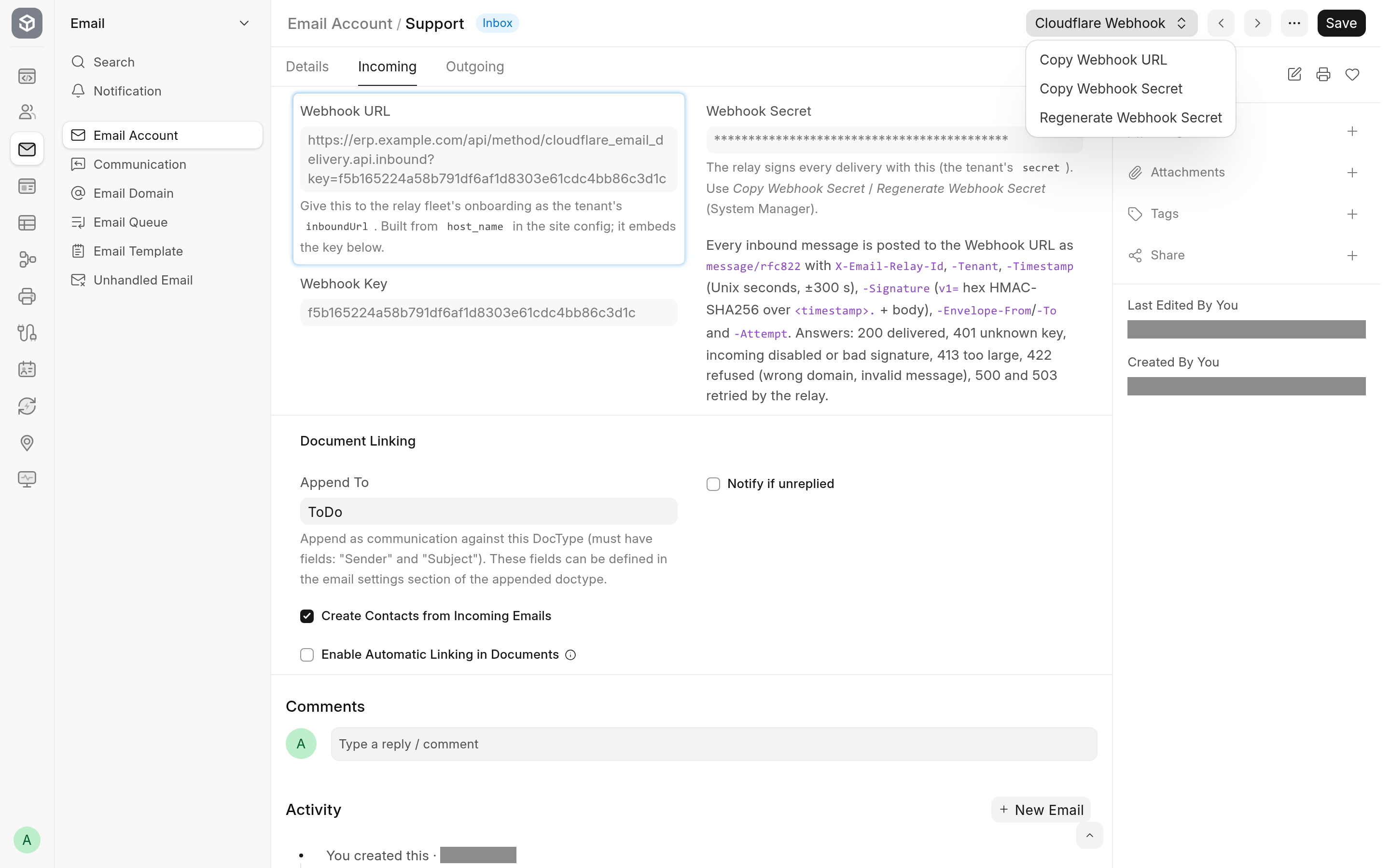 An Email Account on a Cloudflare domain: its Incoming tab shows the Webhook URL, key and secret for the relay, and the Cloudflare Webhook buttons