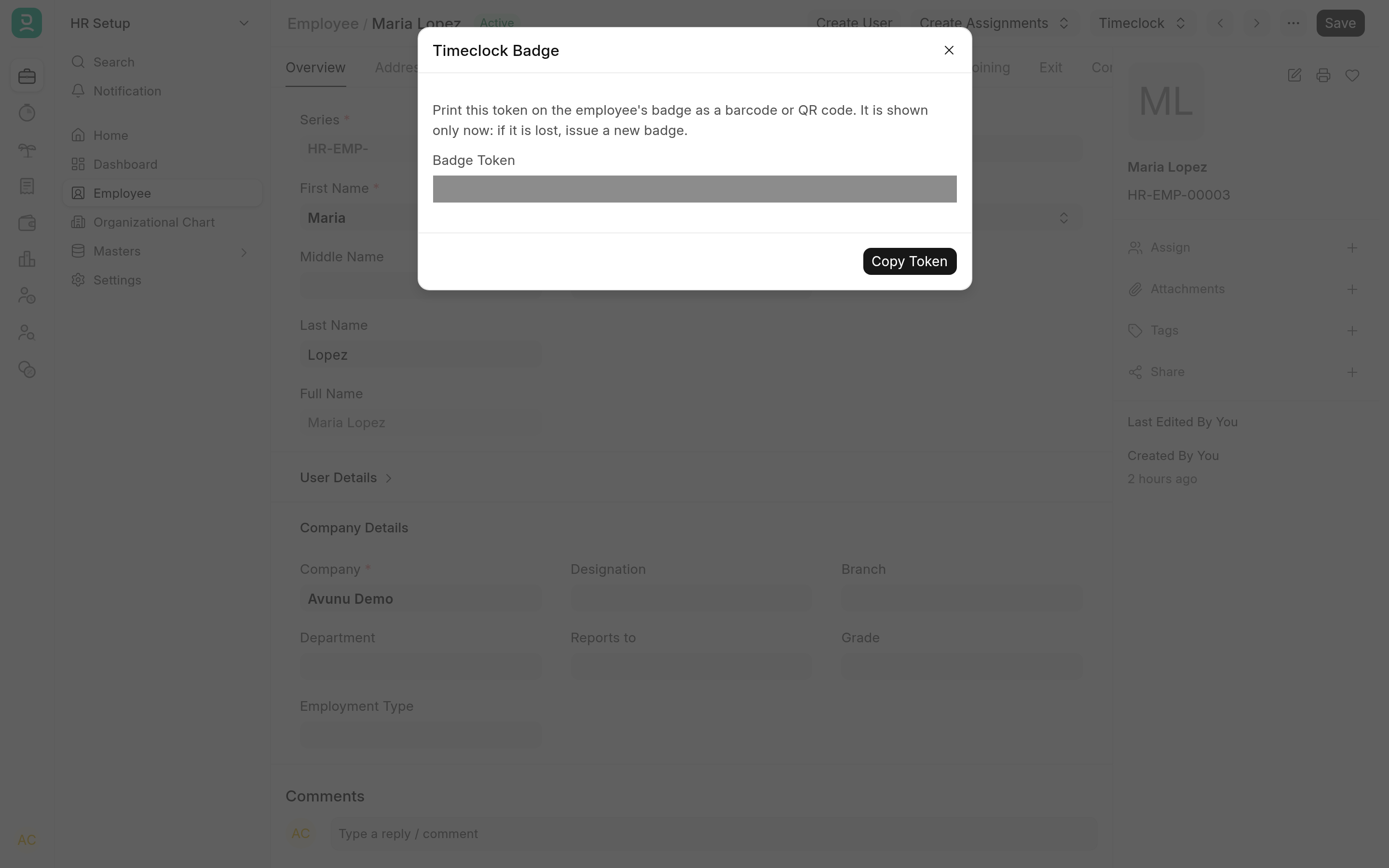 Issuing a timeclock badge from the Employee form: the new token, shown once for printing on the badge