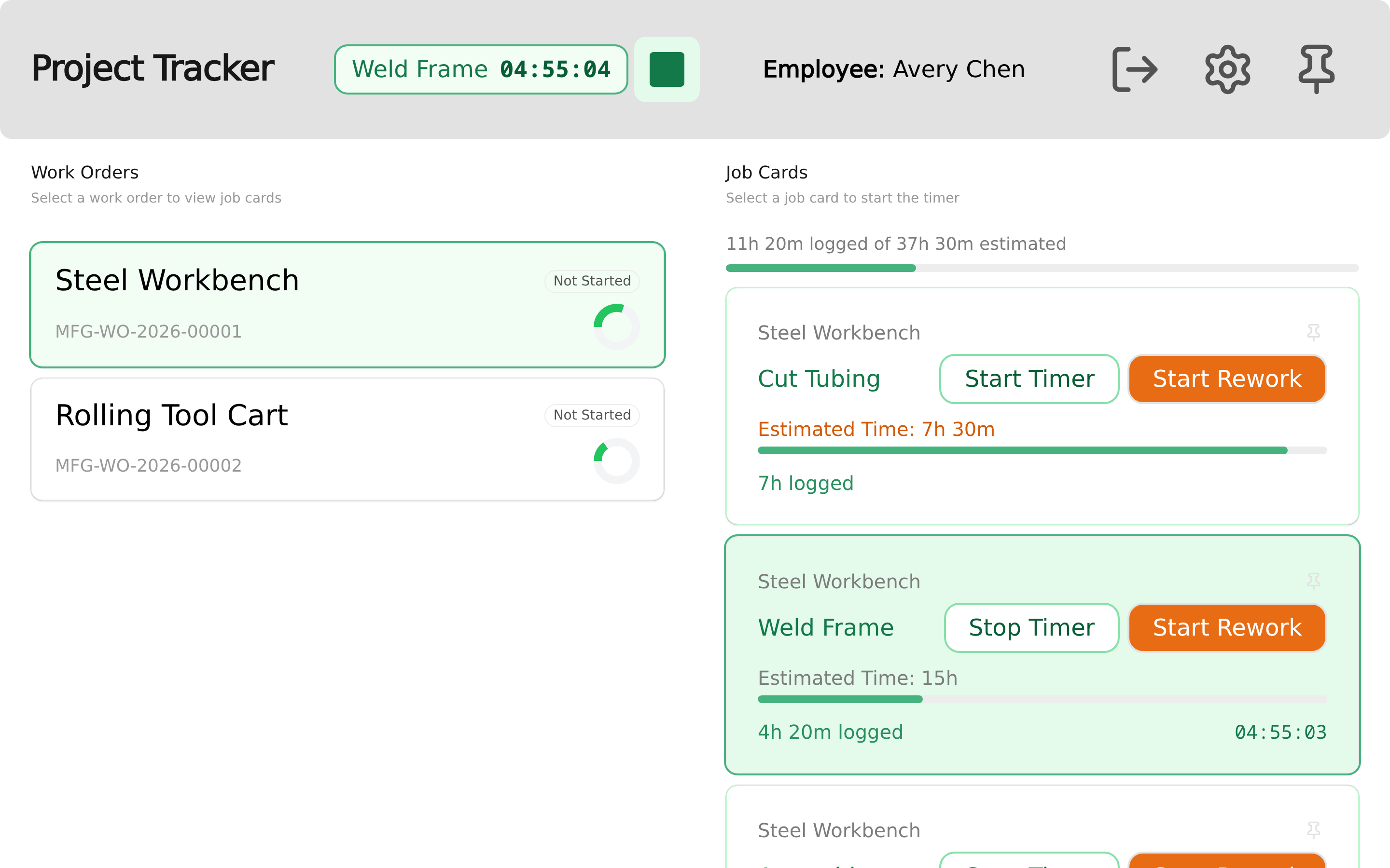 The job time tracker: open work orders, the workbench order's operations with logged time, and a welding timer running