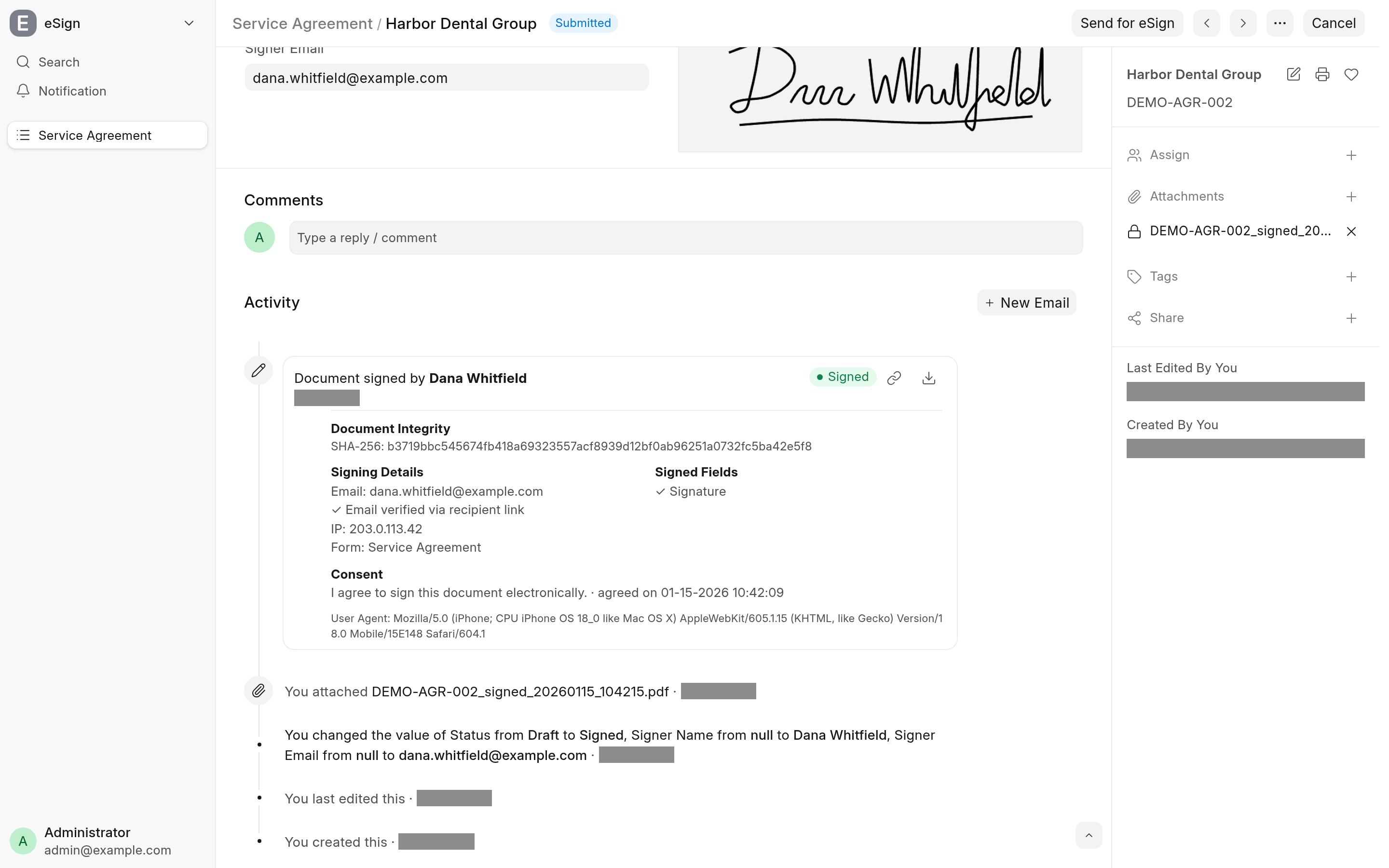 A signed agreement's timeline: the eSign card naming the signer, with the PDF's SHA-256 hash, the signer's email verified via the recipient link, IP address, web form, signed fields, the consent they gave and their browser