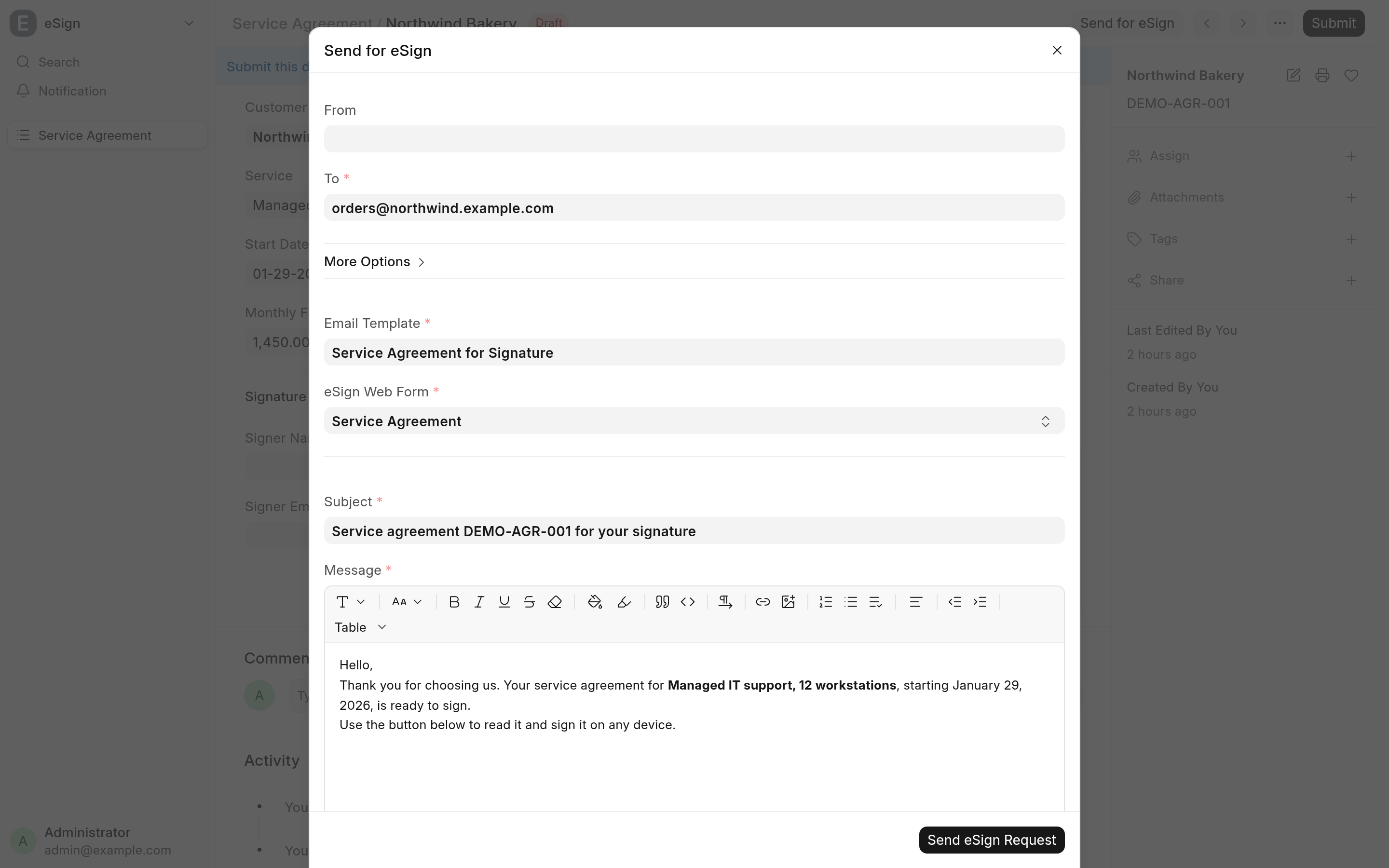 The Send for eSign dialog on a draft agreement, with the recipient, the eSign email template, the web form and the message filled in