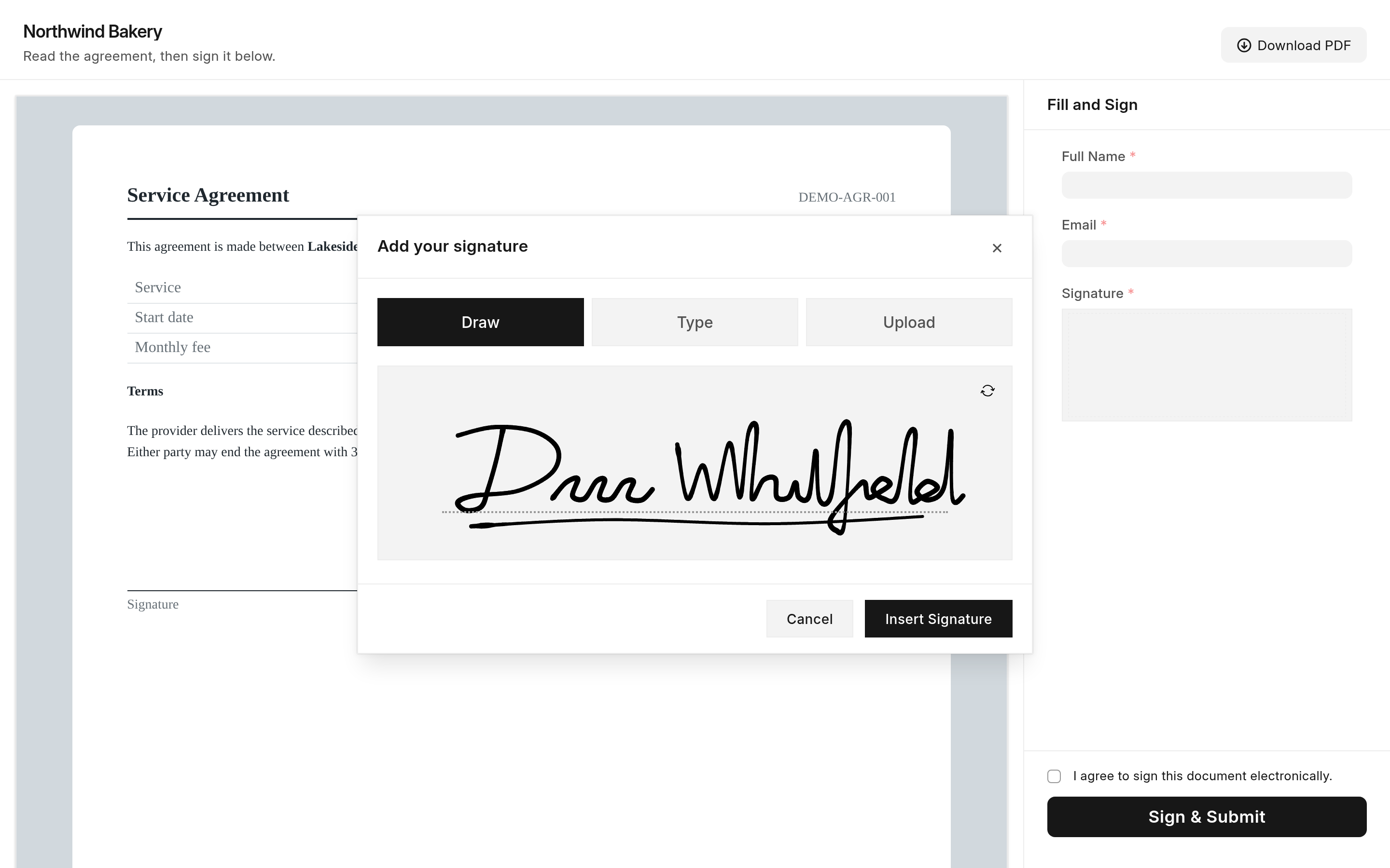 The signature dialog's Draw tab with a handwritten signature, and the Type and Upload tabs beside it