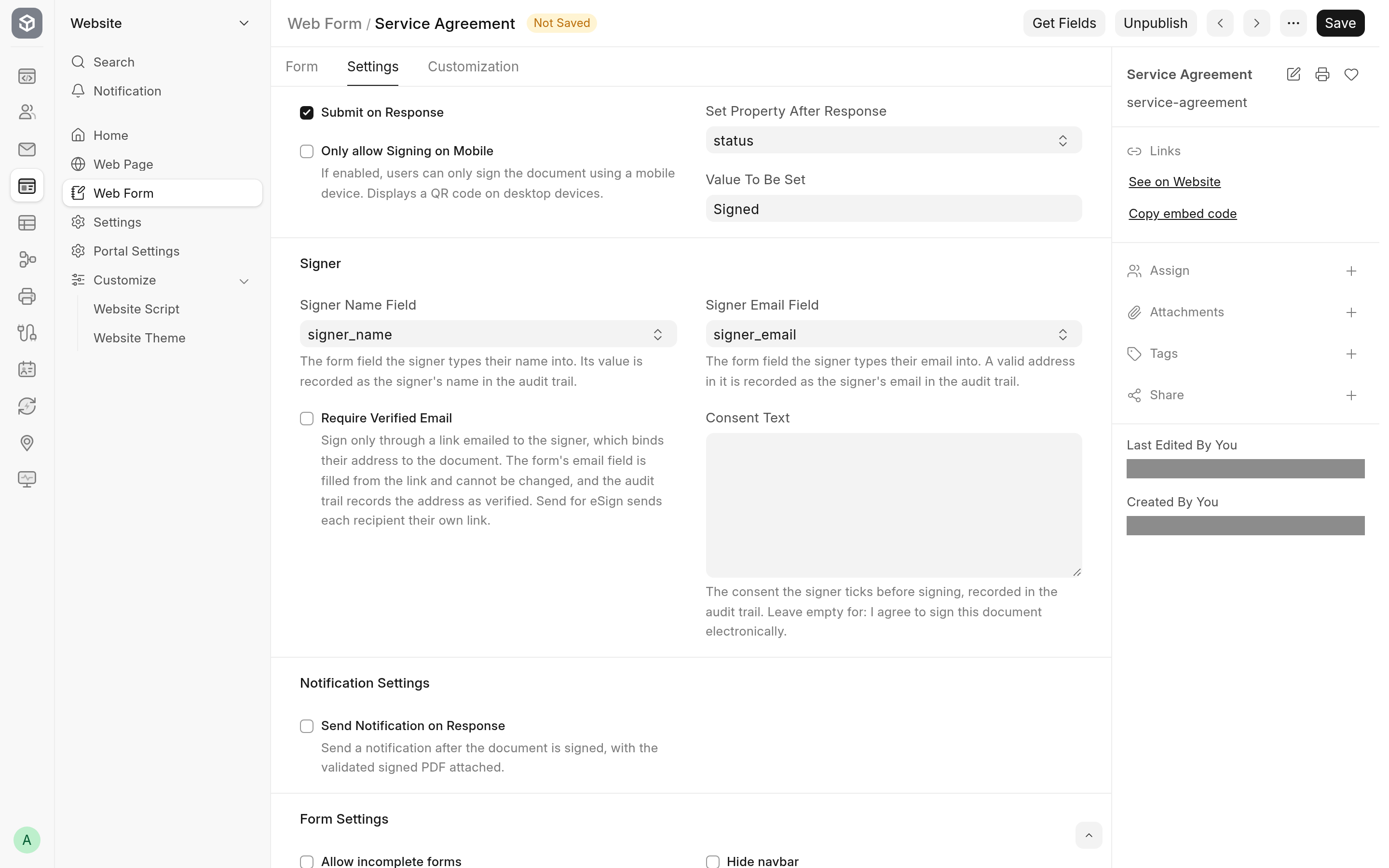 The eSign web form's settings: Submit on Response, Set Property After Response, the Signer Name Field and Signer Email Field that name the form fields the audit trail records, Require Verified Email and the Consent Text