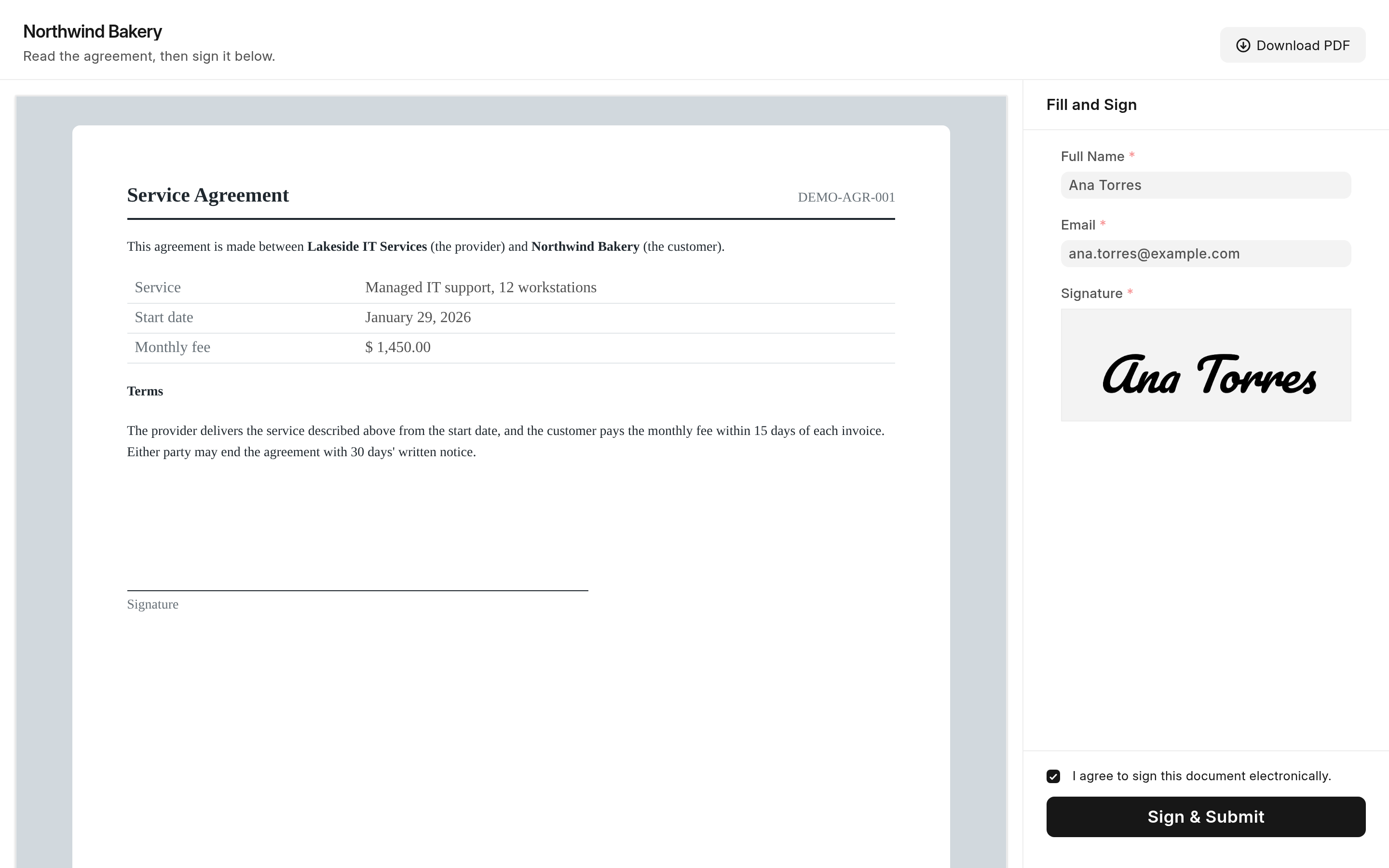 The signing page: the agreement in its print format, and the signer's name, email, typed signature and the ticked consent to sign electronically in the form beside it