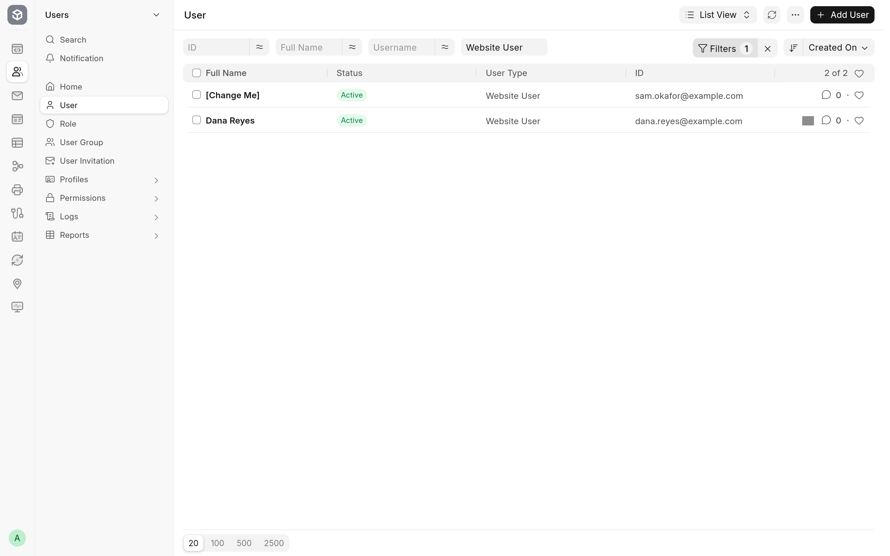 The user list with two website users created from a token: one filled in from a Contact, one still to complete their profile