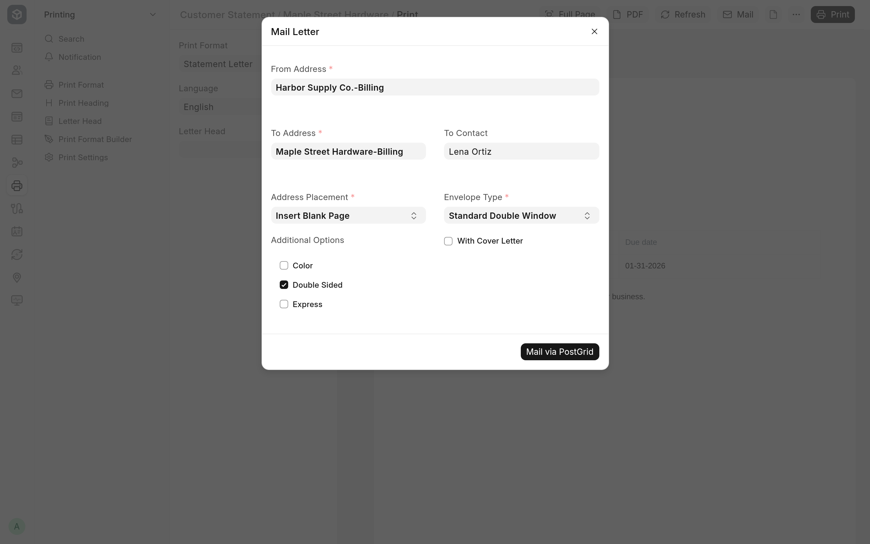 The Mail Letter dialog on a statement's print view, with the sender, recipient, contact and mailing options filled in
