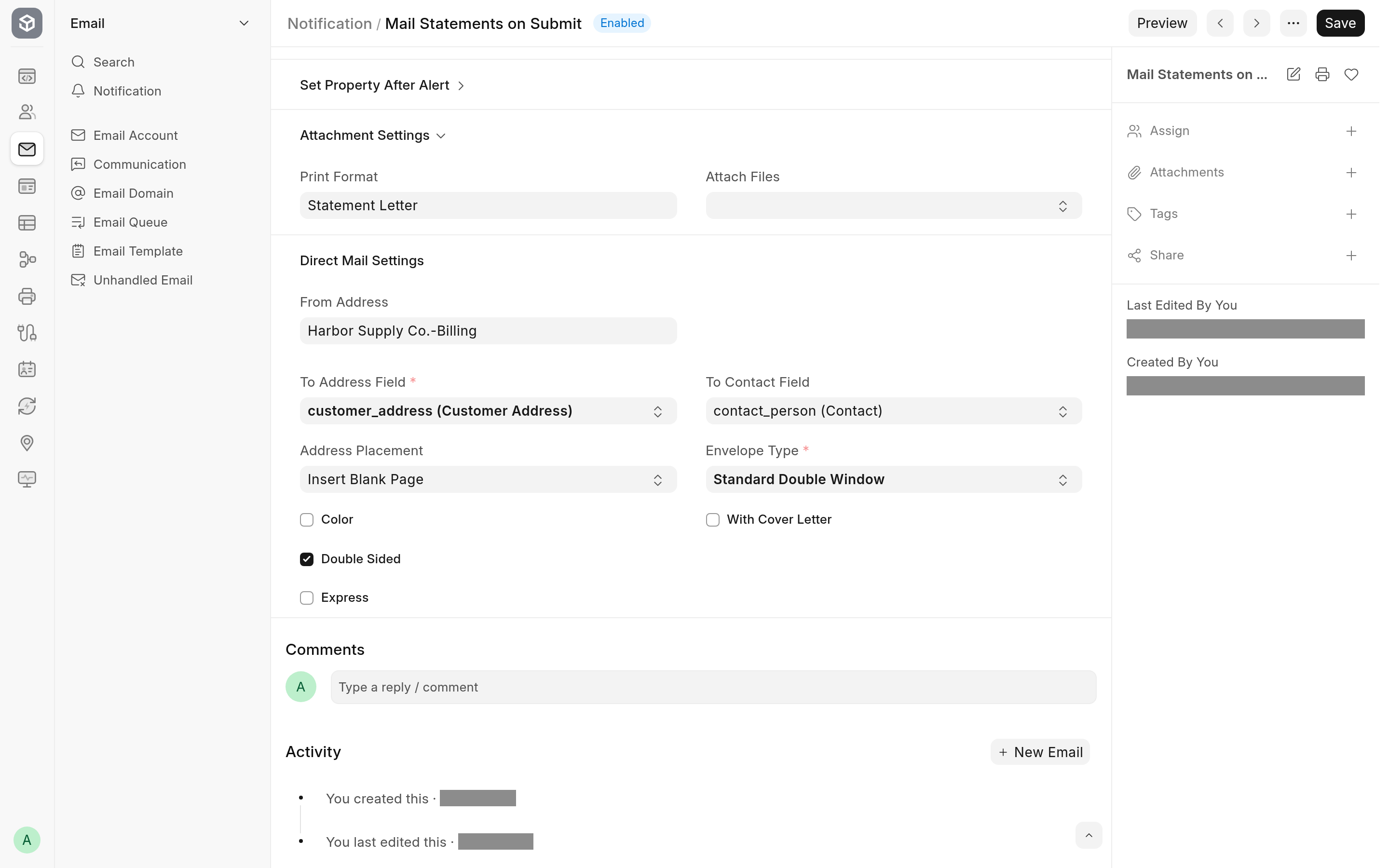 A Notification on the Mailed Letter channel, with its sender, recipient fields and mailing options