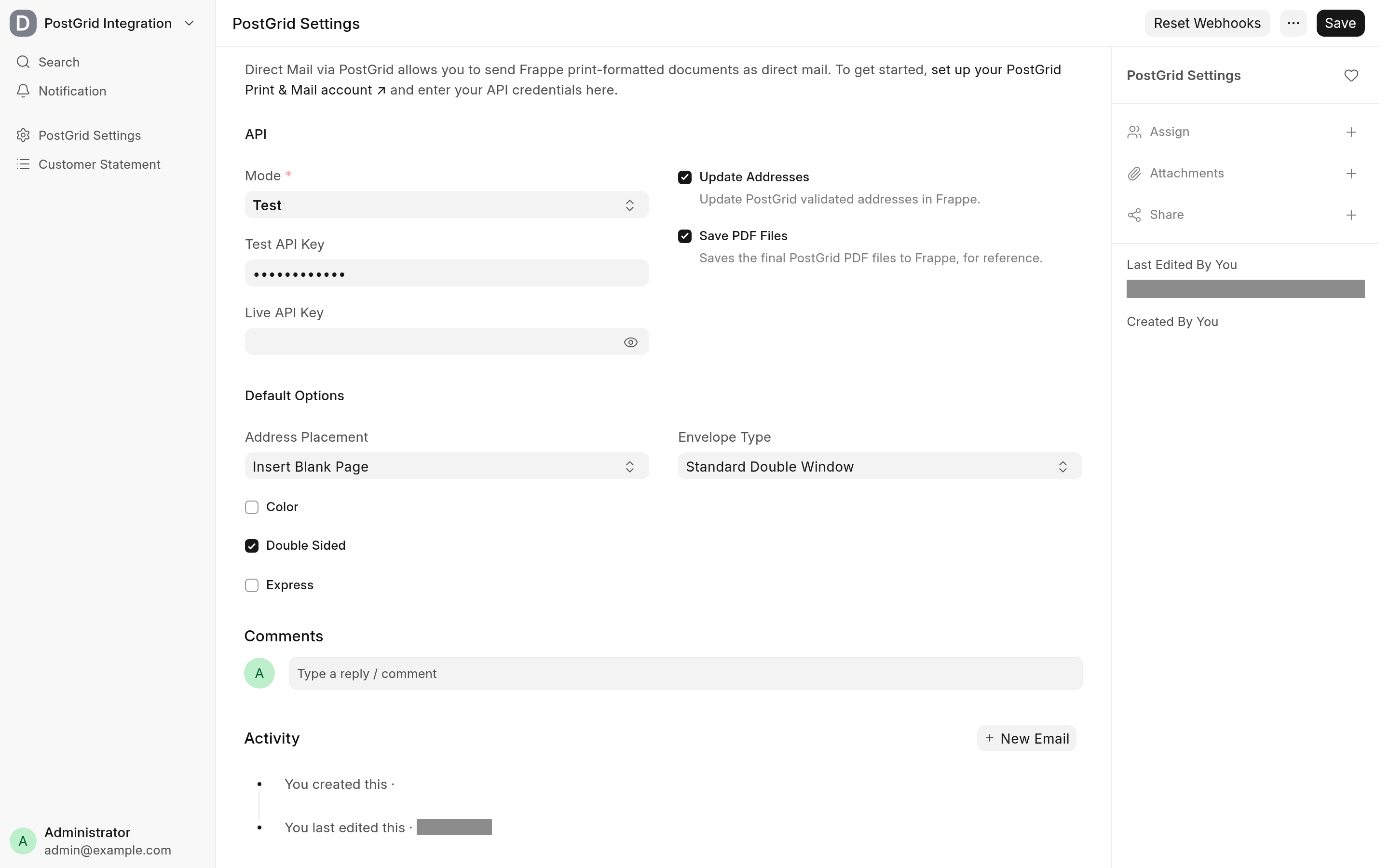 PostGrid Settings in Test mode, with the default mailing options