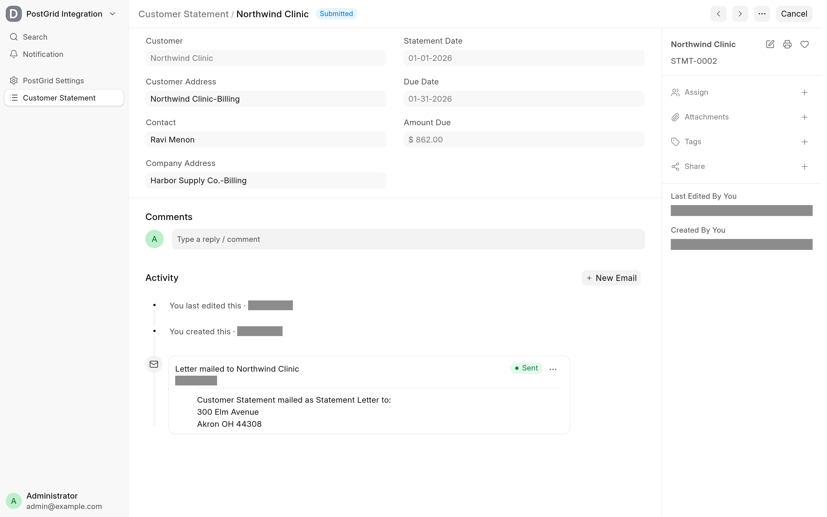 A mailed letter in the statement's timeline, with its recipient, delivery status and PostGrid menu