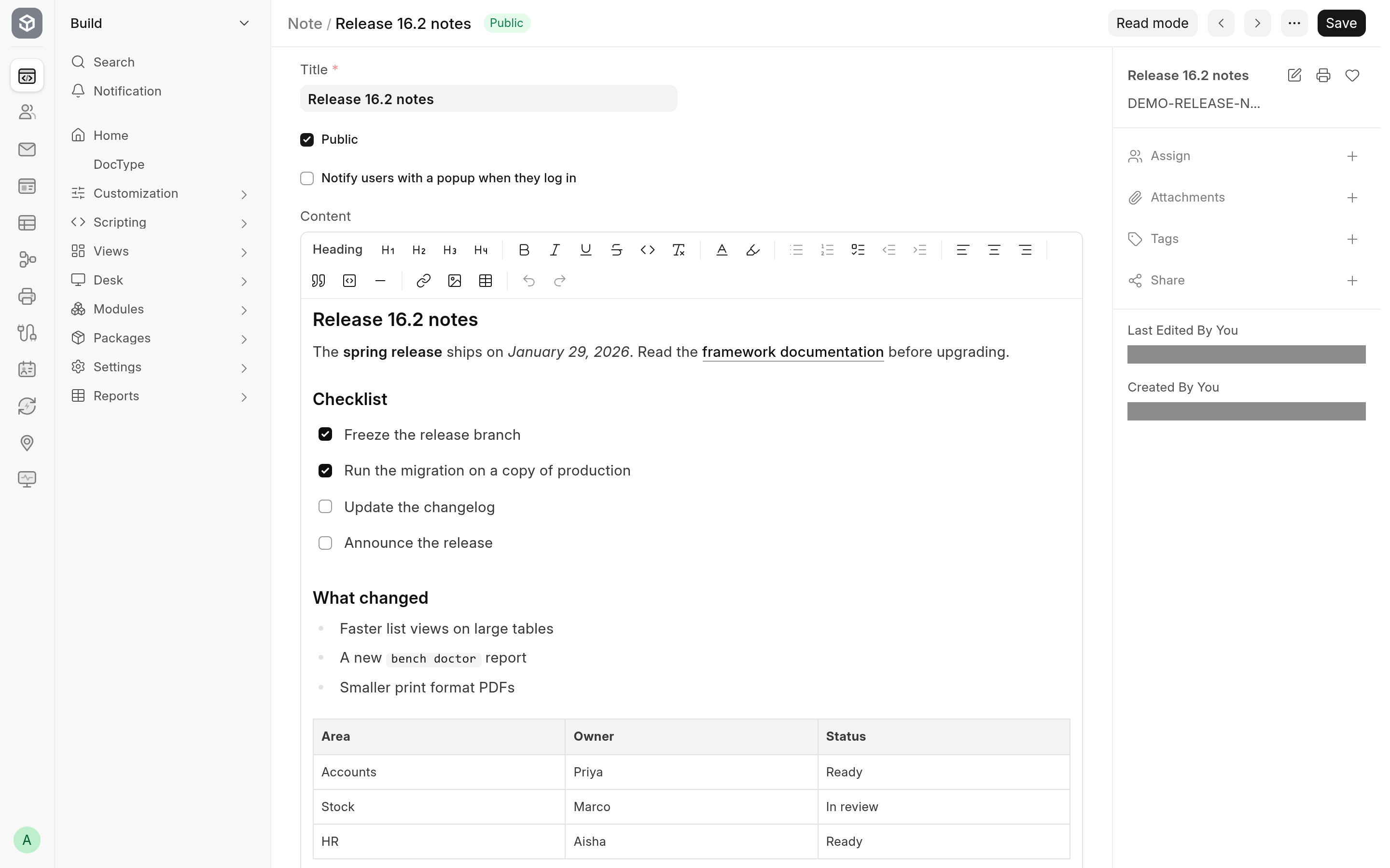 A Note's content field in the frappe-ui editor, with its toolbar, headings, check list, bullet list and table