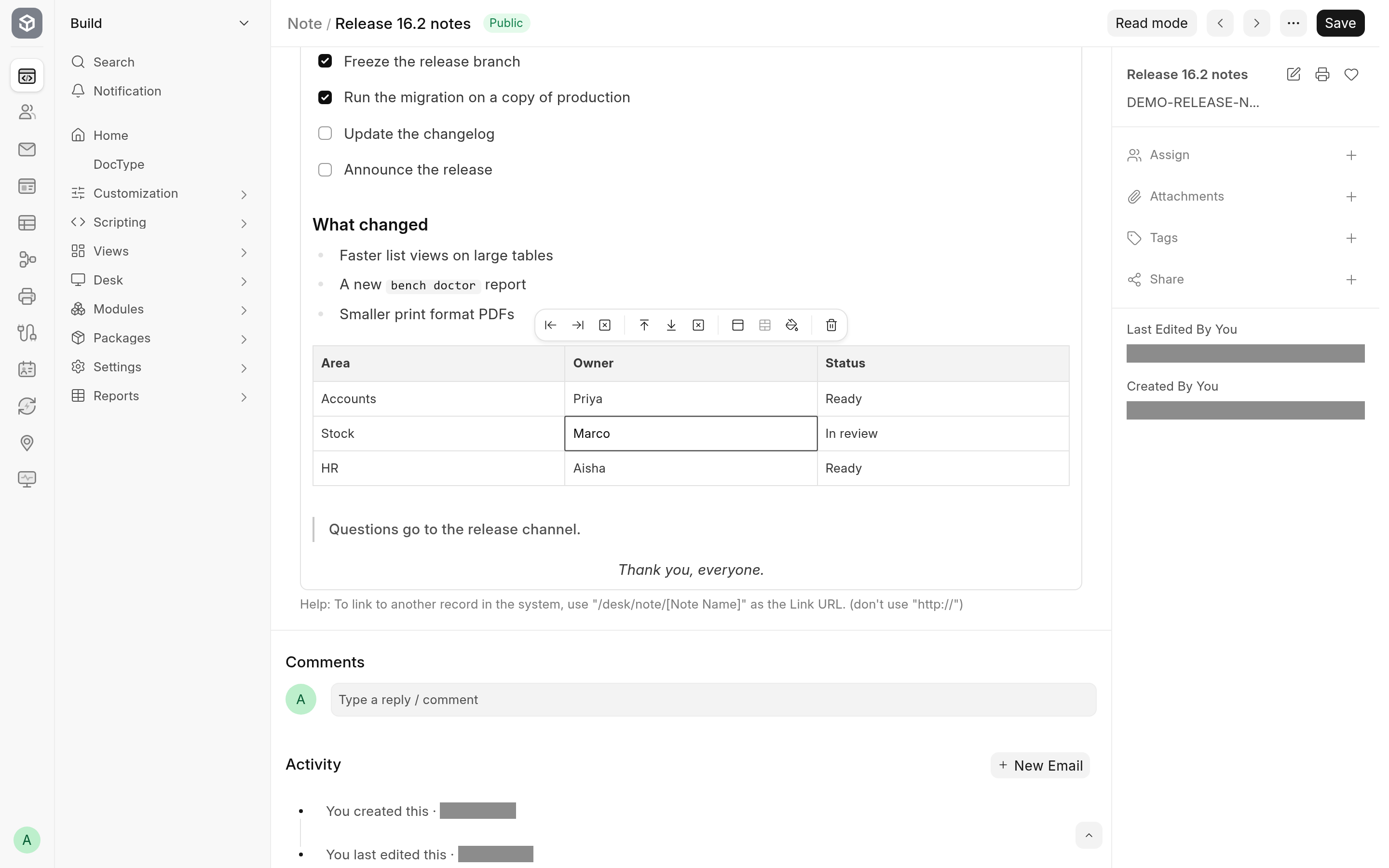 The row and column controls shown while the cursor is in a table